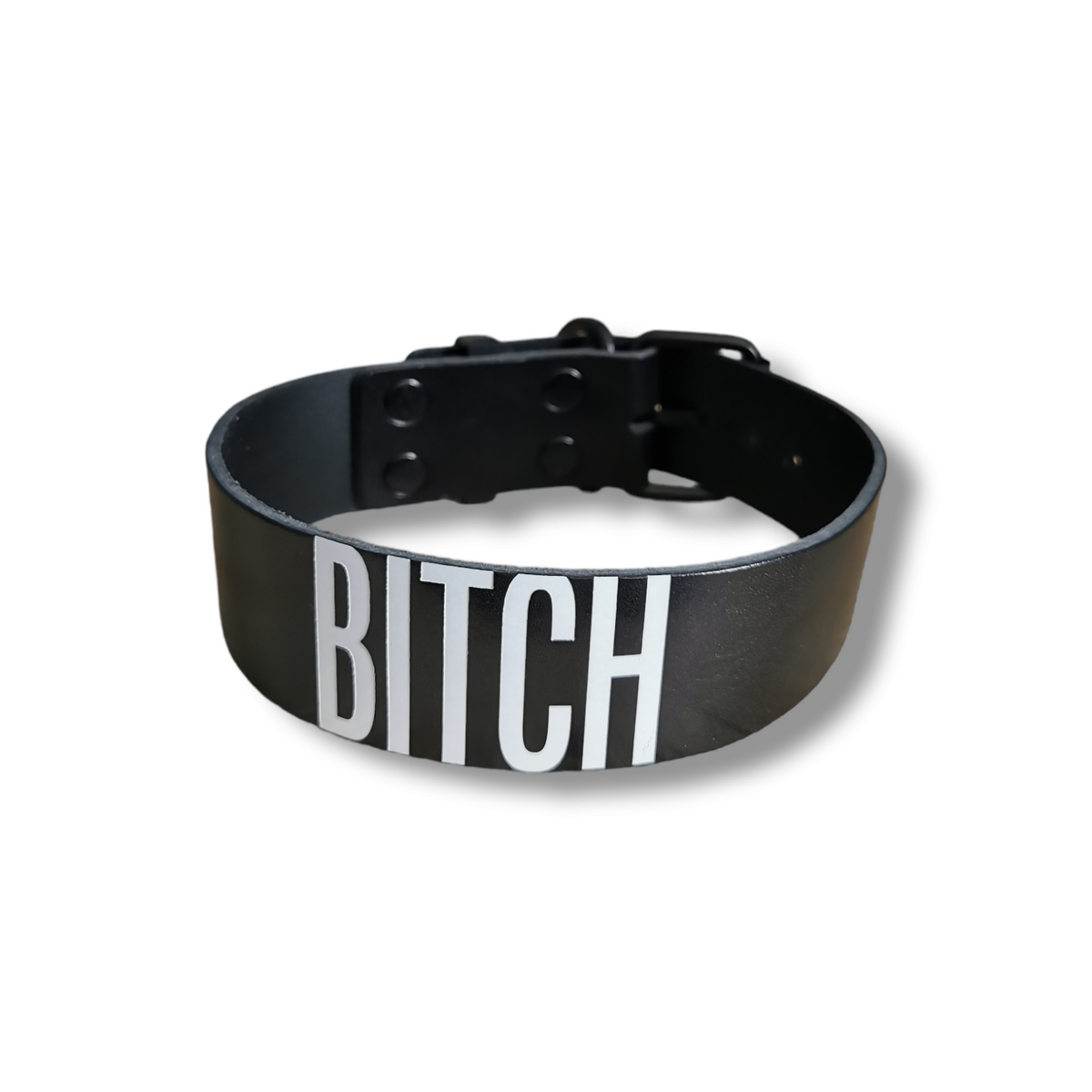 blacl leather with white collored text bitch on it