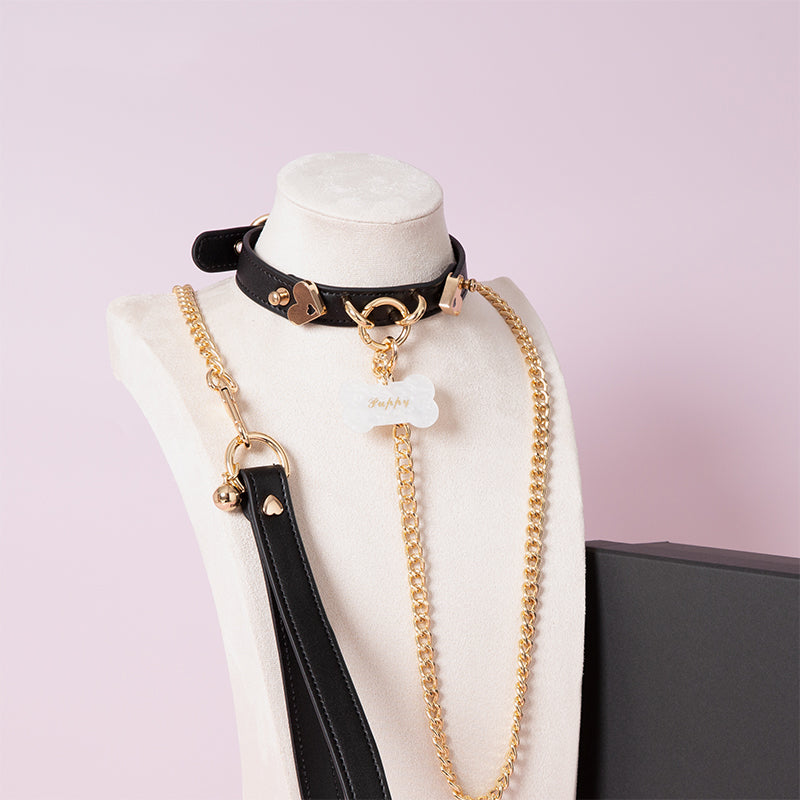 Black leather collar and leash set featuring a central gold tone O ring, custom engraved bone shaped pet tag, gold chain leash and black leather hand strap. Displayed on a mannequin against a pink background.