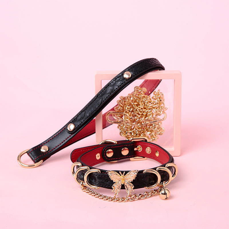 black, red and gold leather collar and leash set featuring an ornate gold butterfly pendant, gold bell and D rings with detachable chain leash and hand strap, displayed in a floating display box against a pink background.