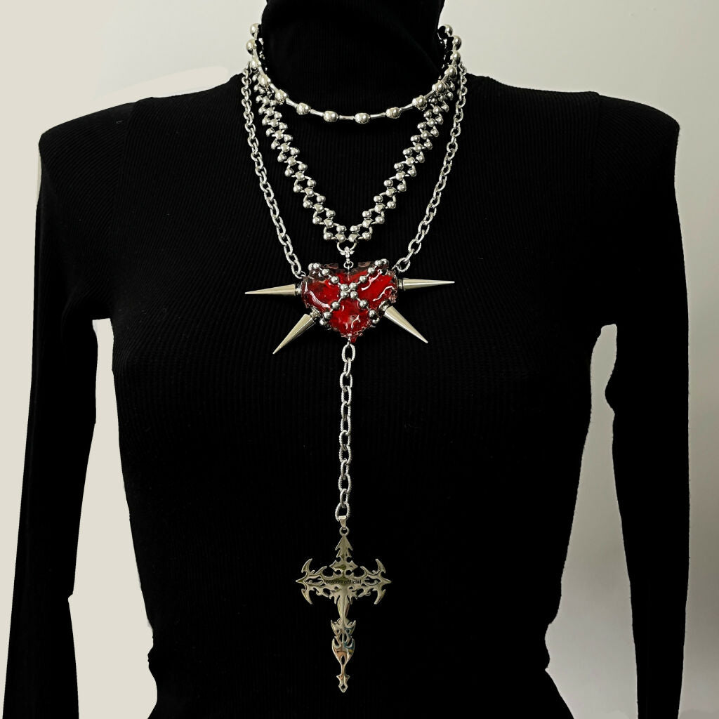 Eternal blood heart” three layer long necklace