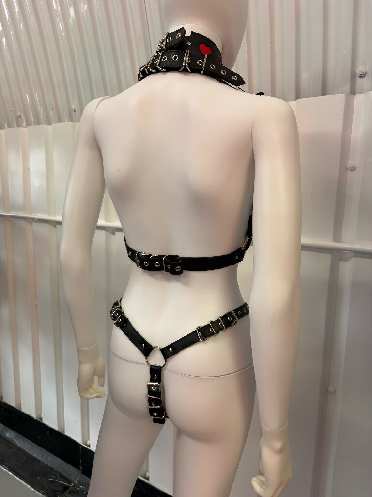 Red & Black 'Queen of Hearts' Bra, Thong & Collar Set.