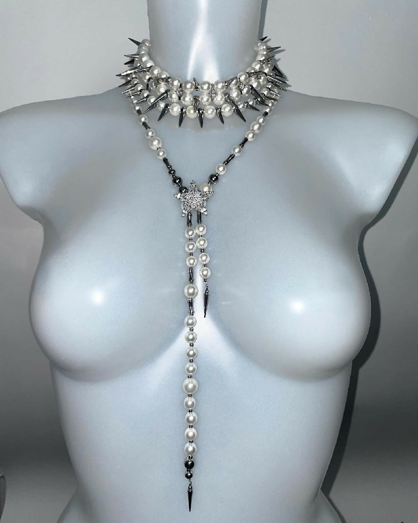 FUNKY STAR double chains pearls necklace