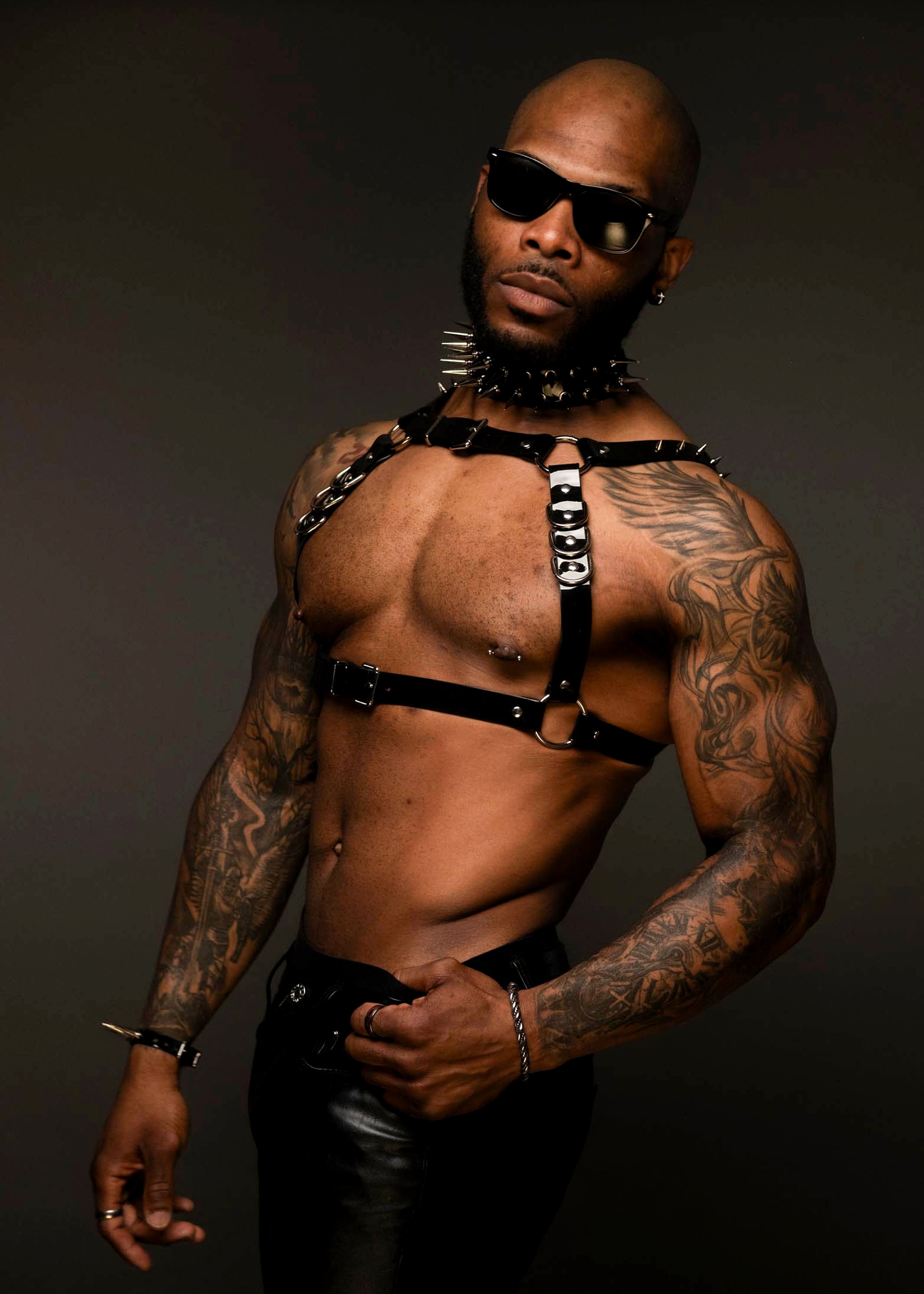 Black Vinyl Chest Harness with D-Rings & Spikes