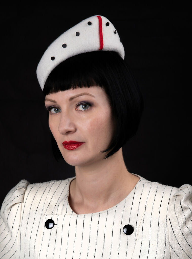 80s inspired white pointed hat with black and red detail