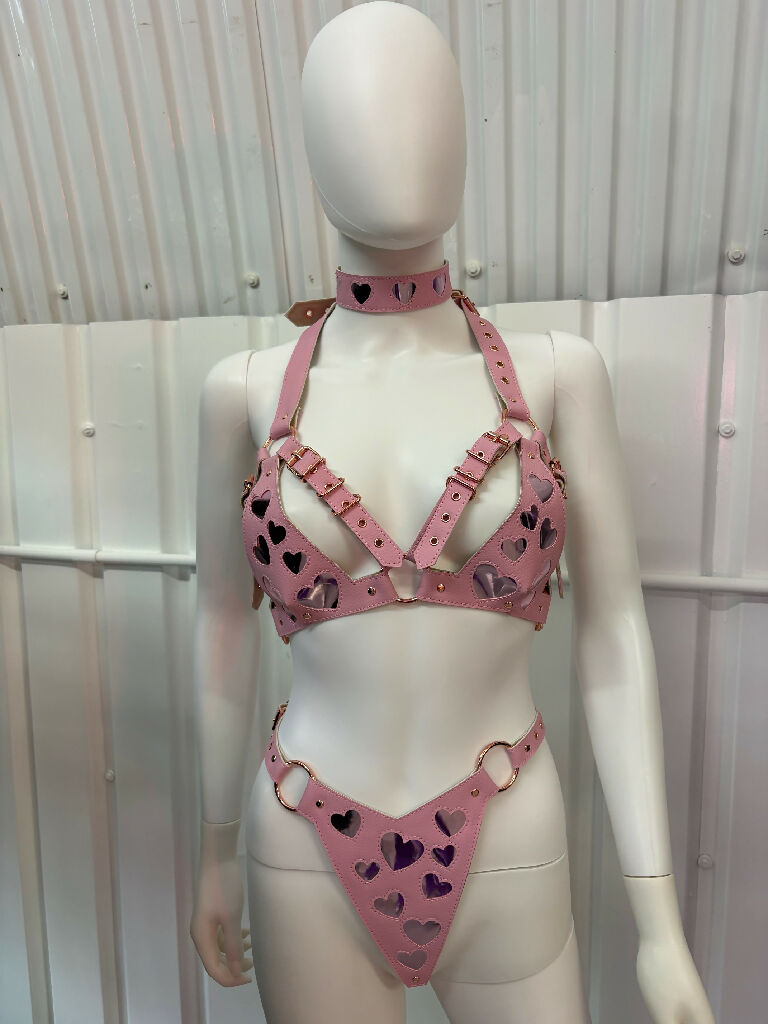 Pink 'Queen of Hearts' Bra, Thong & Collar Set.