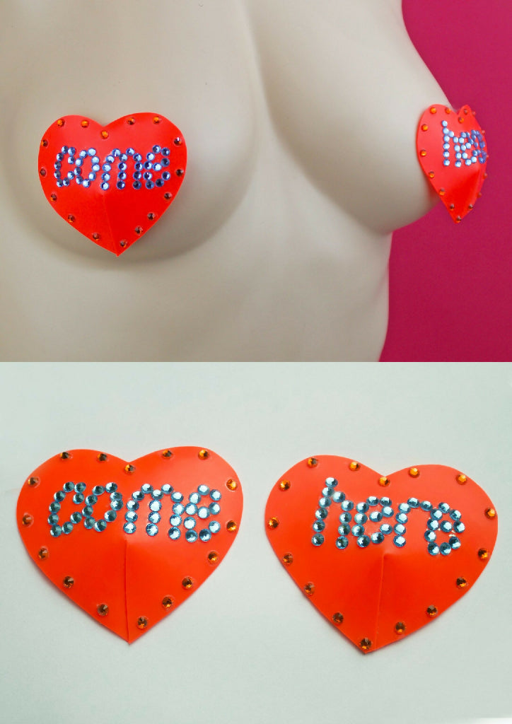 “COME HERE” HEART LATEX NIPPLE PASTIES ( PICK YOUR COLOUR )