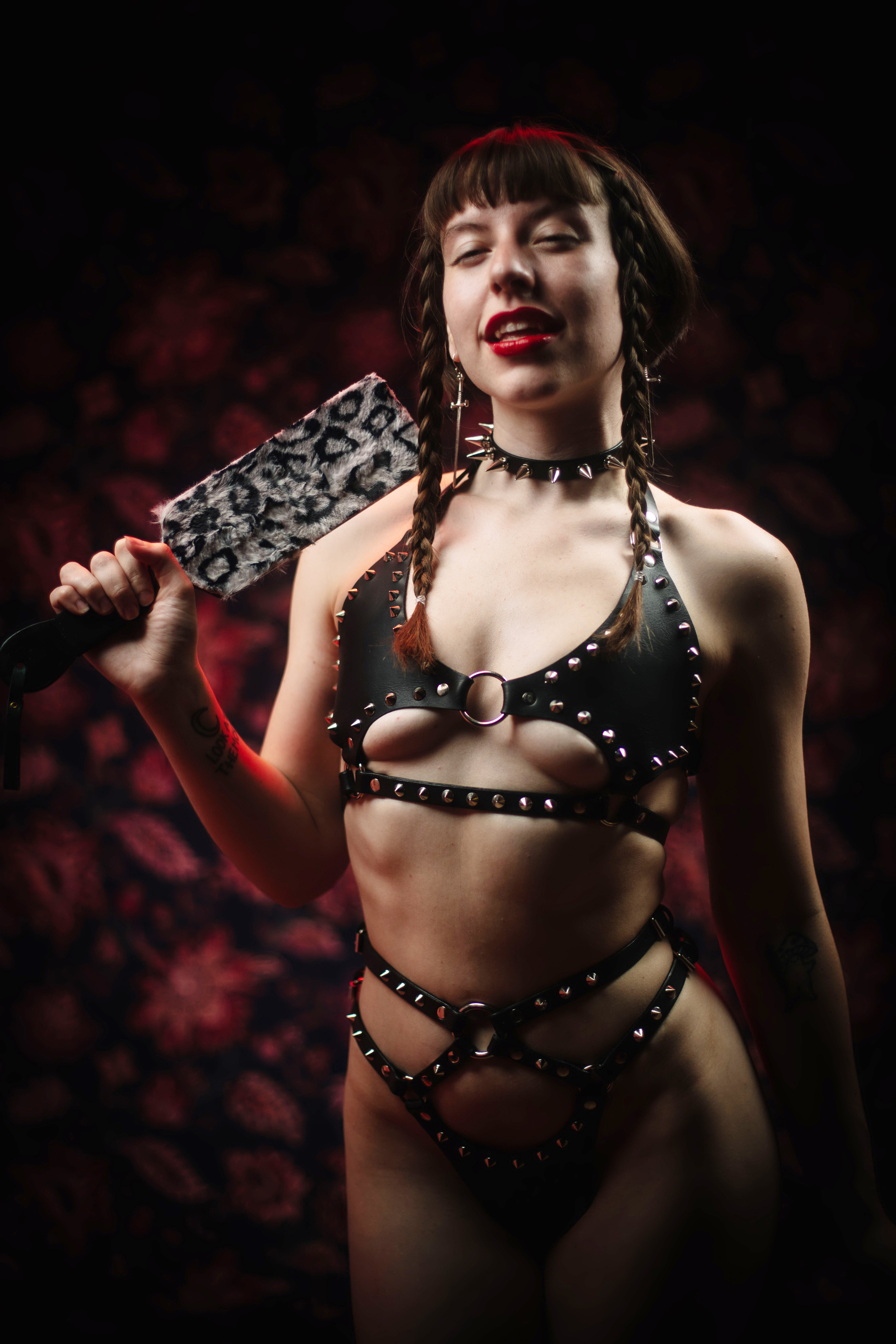 Leather studded spike cage cut out thong