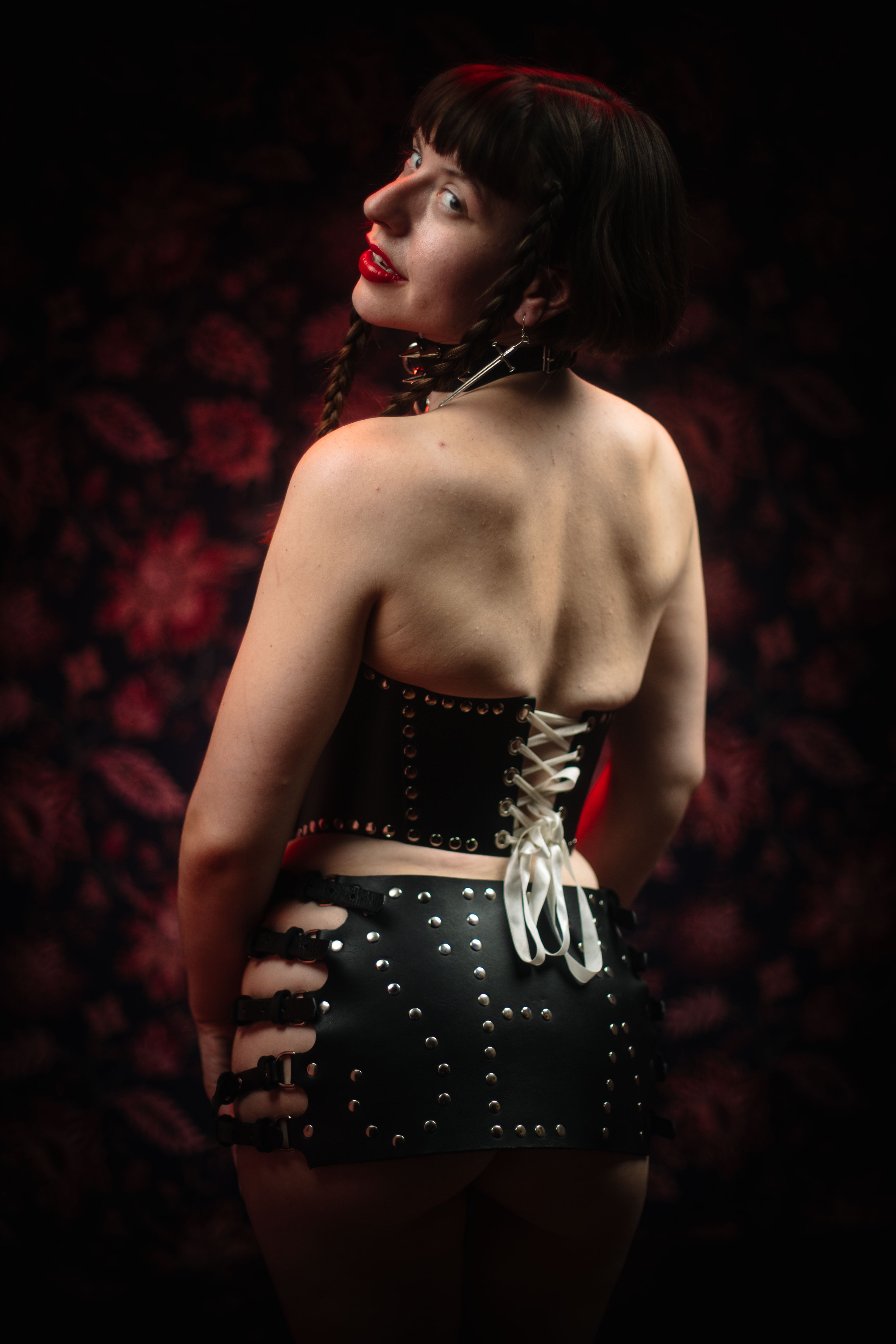 Leather studded plunge corset