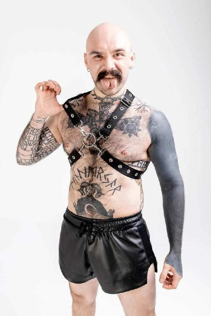 Shorts made of ecoleather and mesh