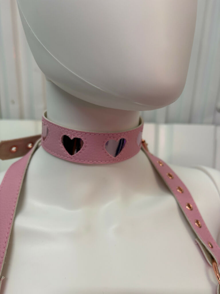 Pink 'Queen of Hearts' Bra, Thong & Collar Set.