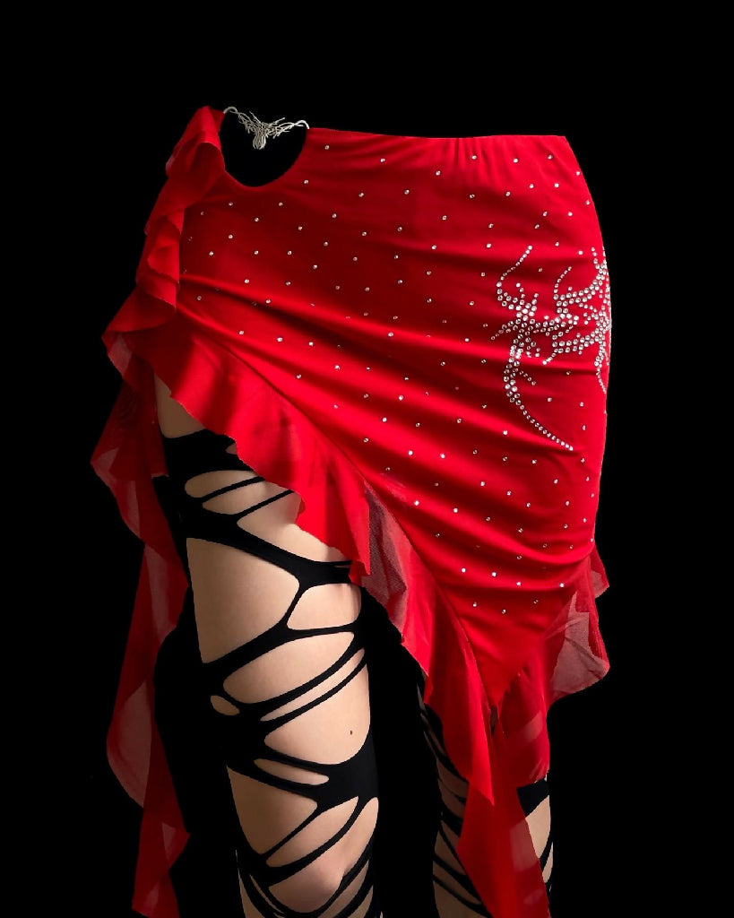 HEAVY METAL”Metal logo-Shining Ruffled fringe Red skirt & Tube top