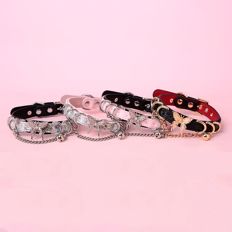 Black and Pink Butterfly Bell Collar and Leash Set
