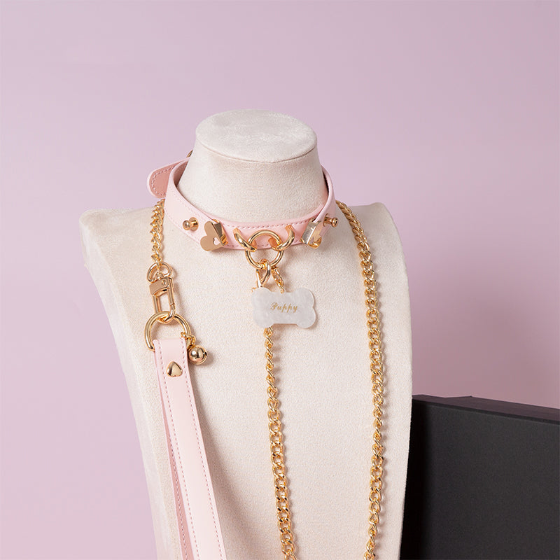 Pink leather collar and leash set featuring a central gold tone O ring, custom engraved bone shaped pet tag, gold chain leash and pink leather hand strap. Displayed on a mannequin against a pink background.