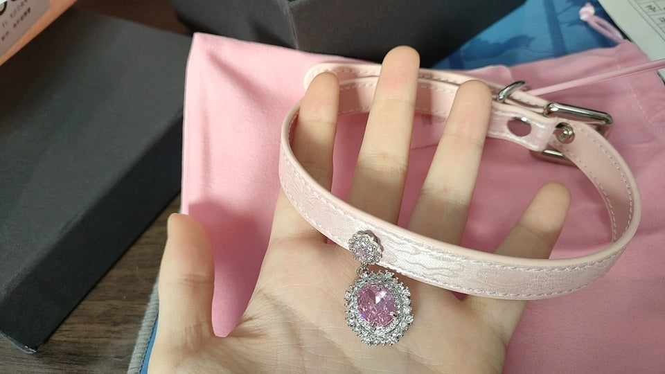 Pink and Silver Crystal Cameo Collar and Leash Set