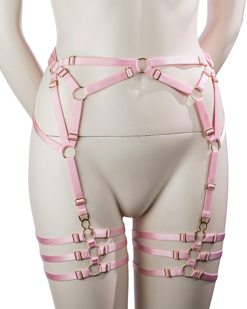 Harness belt & leg garters combo: cherry blossom & gold, ready-to-ship