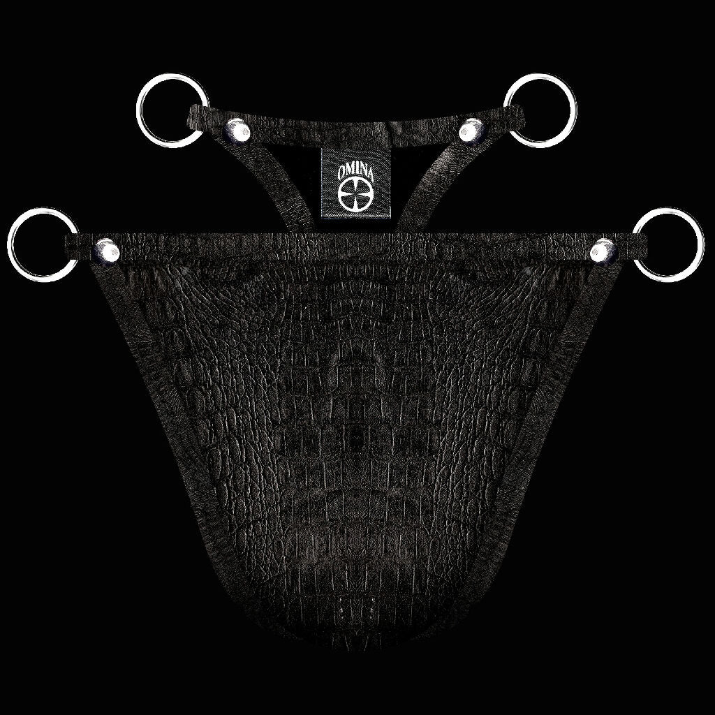 Black Croc Leather Cupped Thong - SHOWROOM