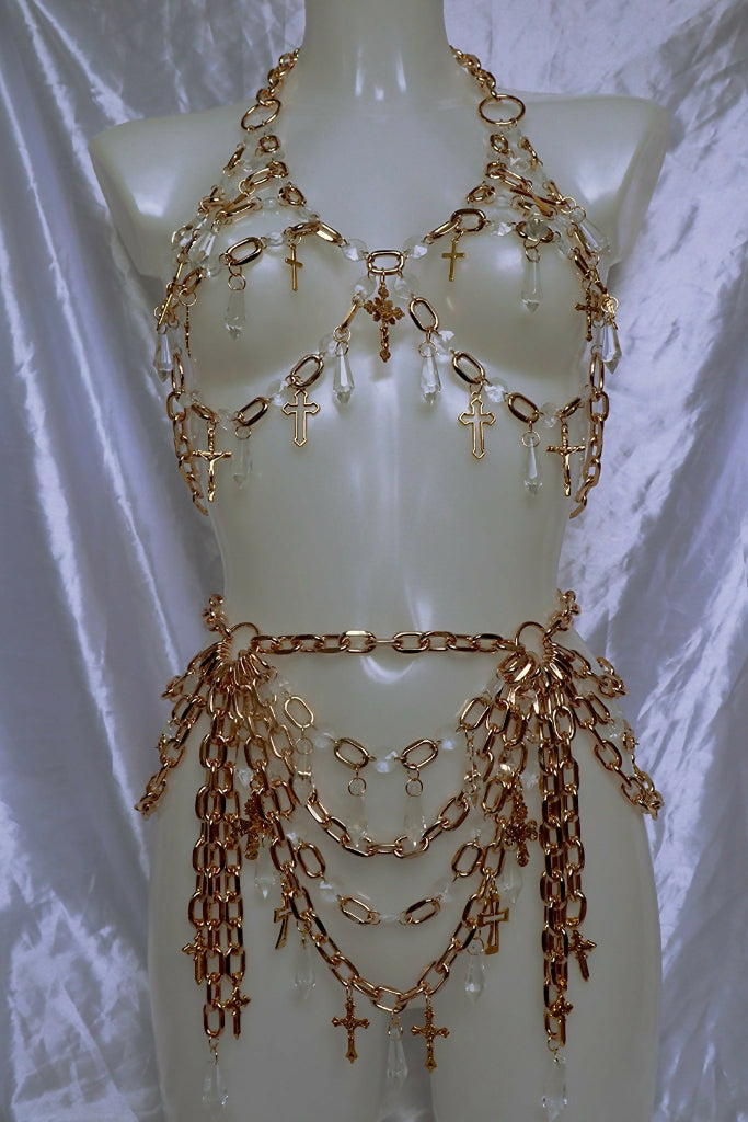 Benedetta crystal chain cross harness and belt set