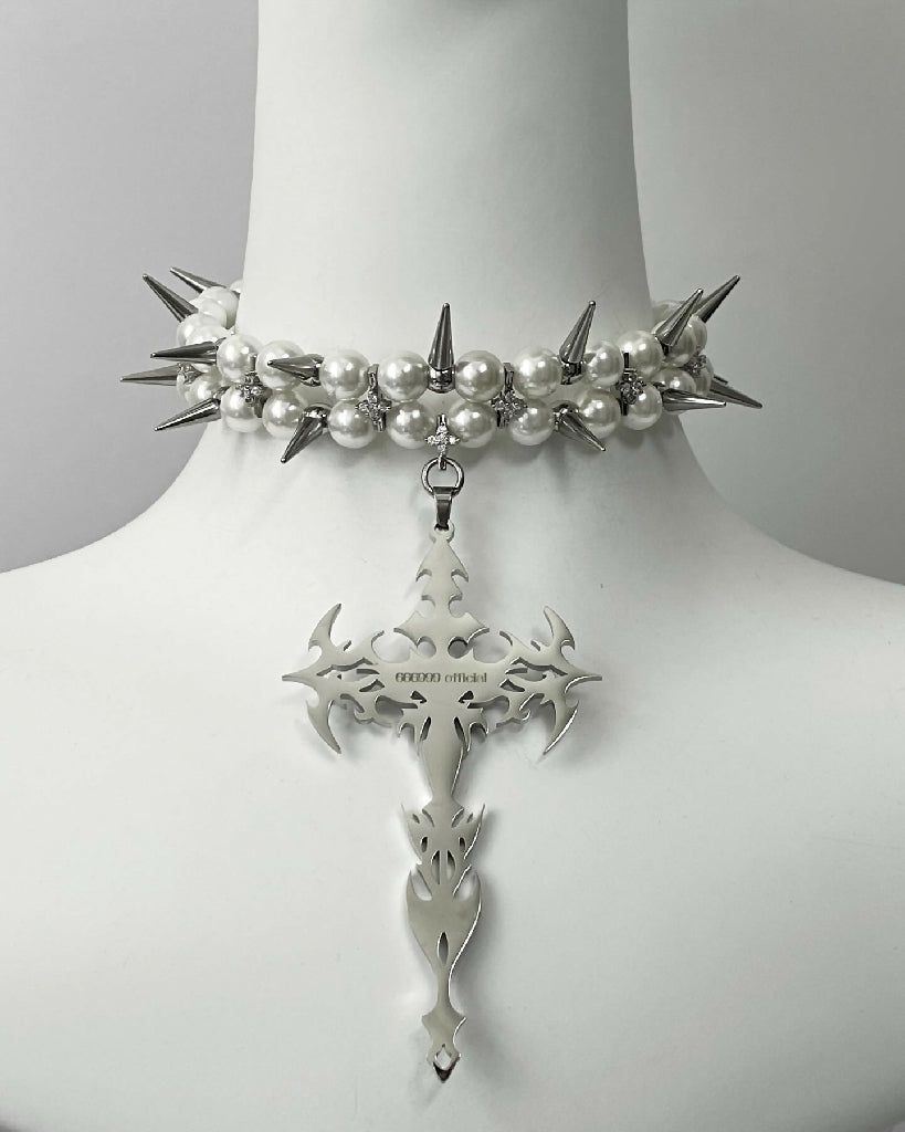 “Angel's Shackles” spiked pearls cross choker