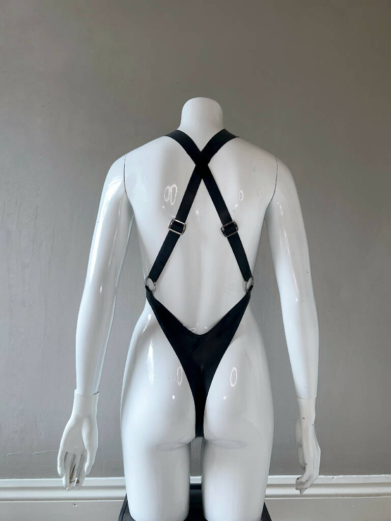 Latex Criss Cross Adjustable Strap One Piece Bodysuit with Open Stomach and Back. Custom Made