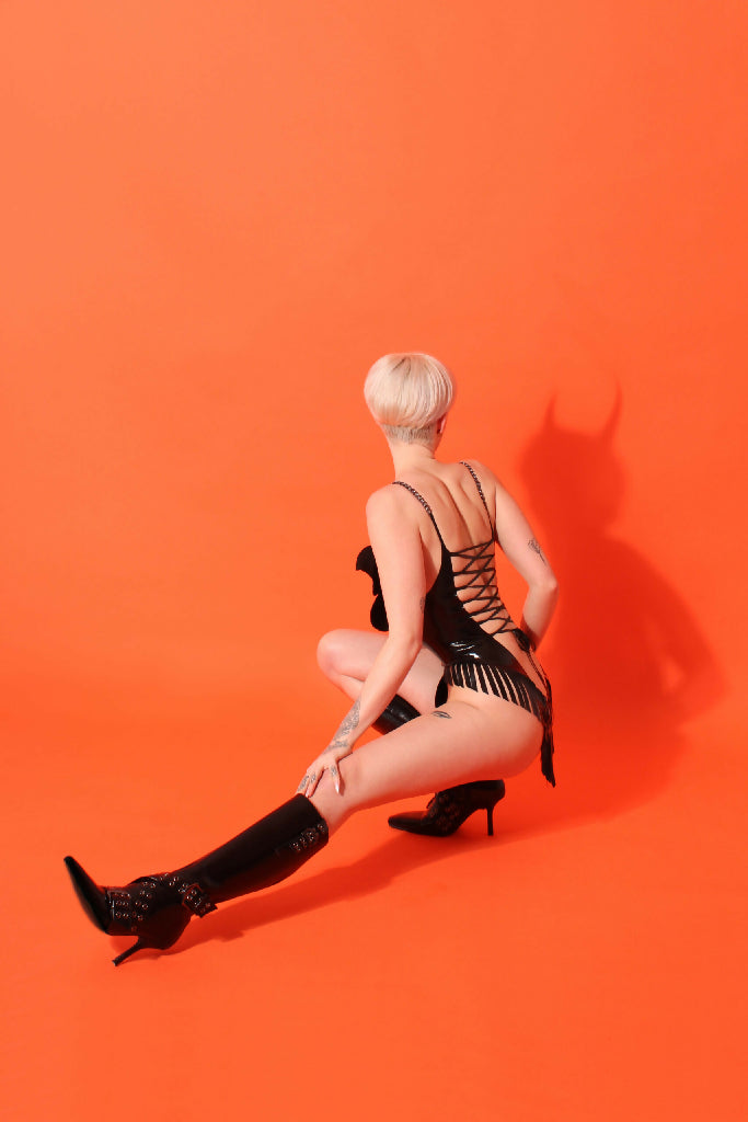LACE-UP BUTTERFLY LATEX BODYSUIT WITH BOOTY FRINGE