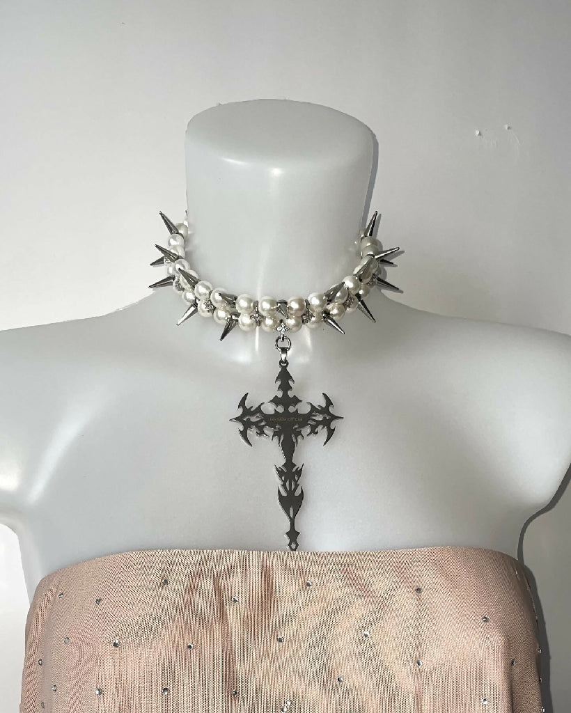 “Angel's Shackles” spiked pearls cross choker