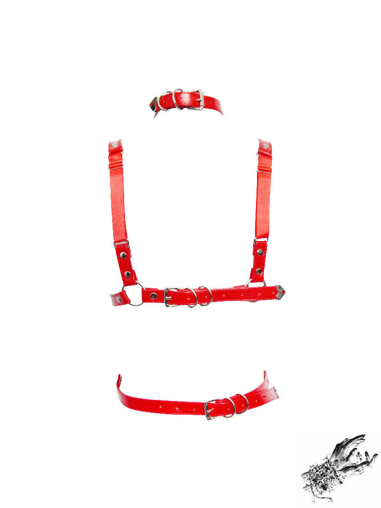 Red Vegan Leather Corset Harness Bra
