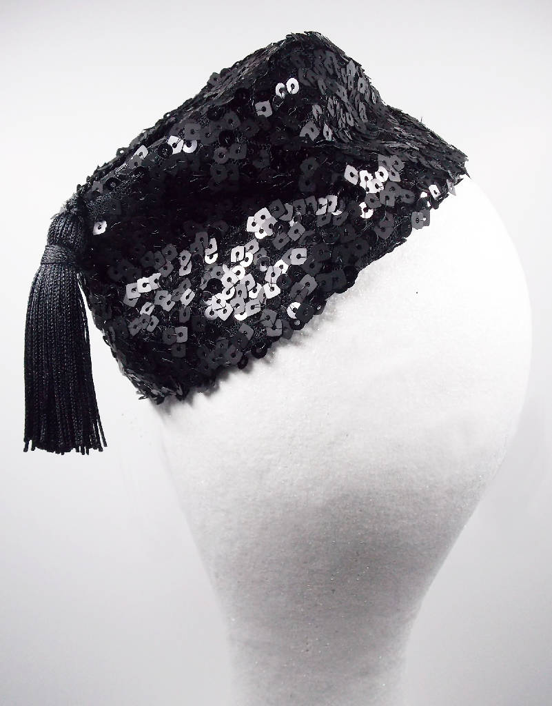 Mini black fez hat with tassel and sequins