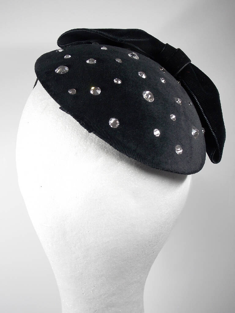 Black velvet mini bow hat with Swarovski crystals