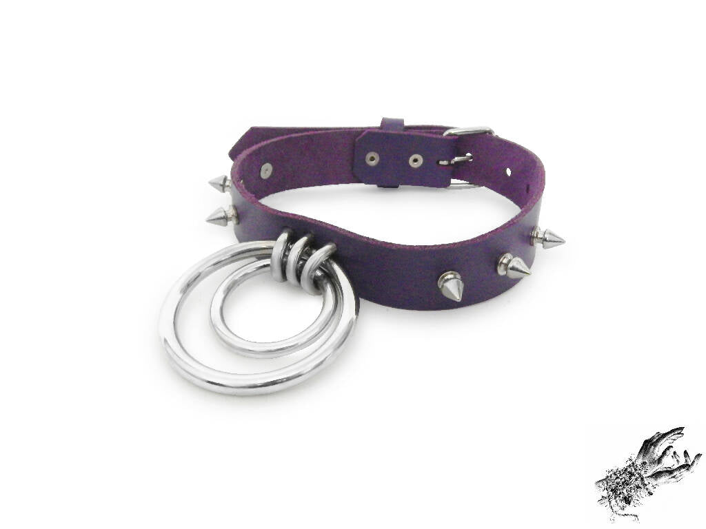 Leather Studded Double O Ring Collar - Leather Studded O Ring Choker