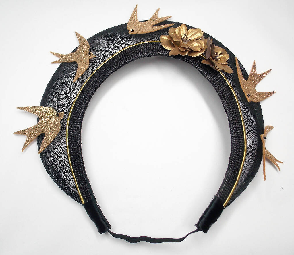 Black and gold halo headpiece with swallows and roses