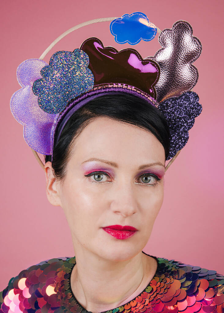 Pink cloud headdress modelled