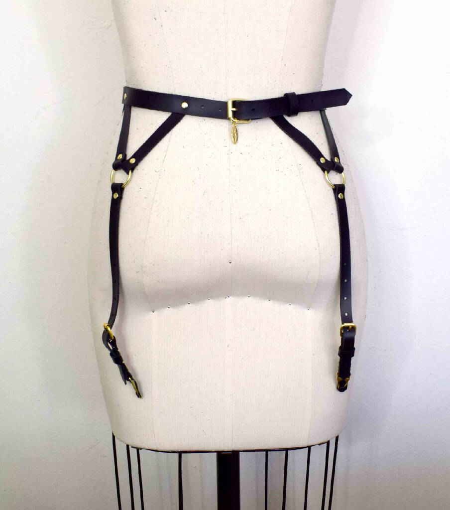 Diamanté Black Leather Garter Belt with Four Garter Straps and Gold Hardware