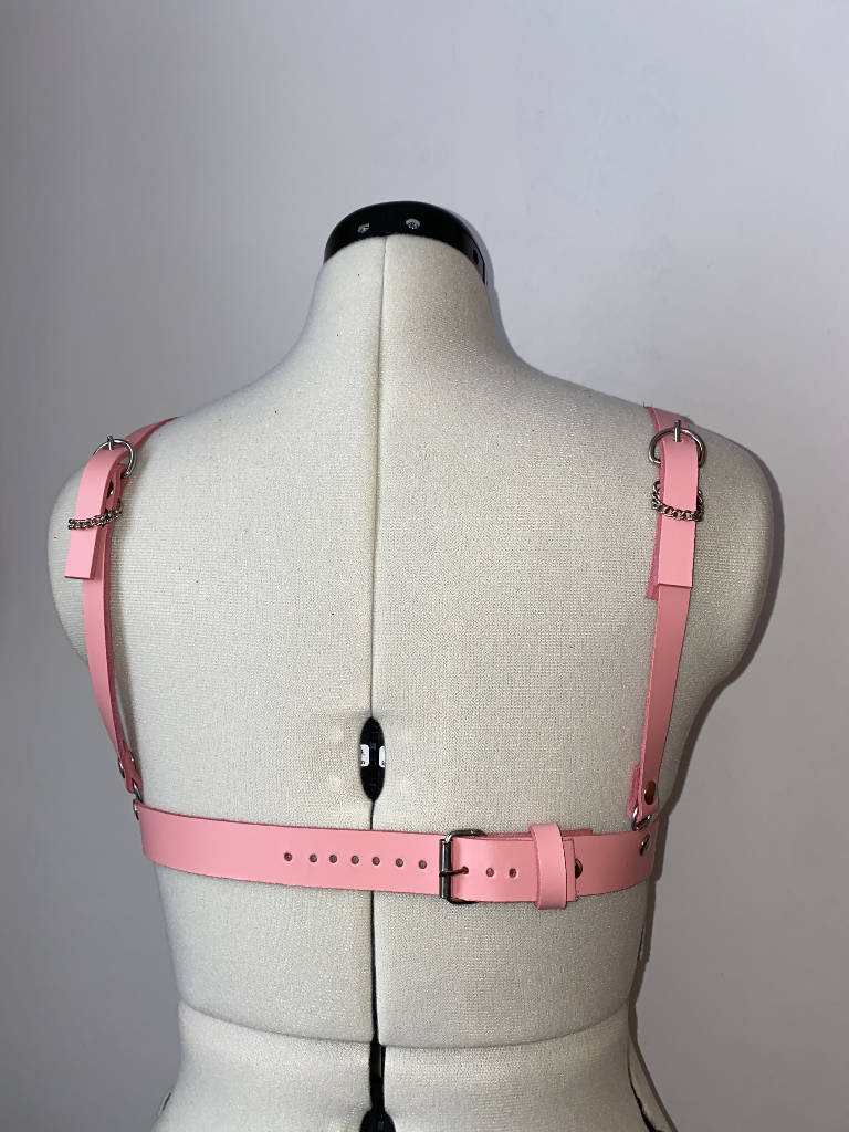 Pink Pearl Blossom Leather Cage Harness Bra
