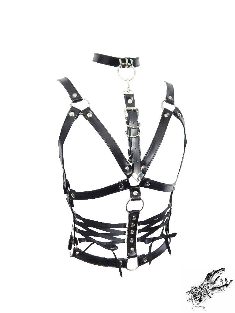 Black Vegan Leather Corset Harness Bra