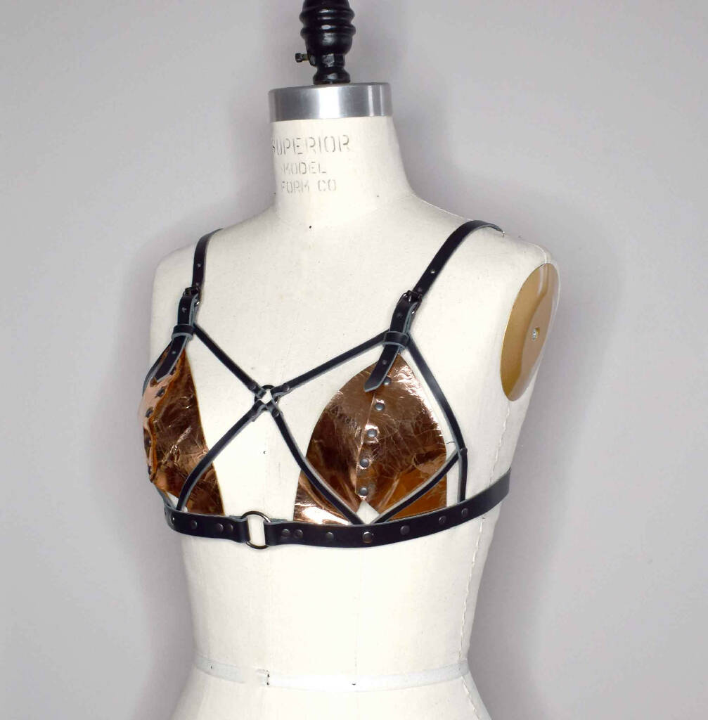 Xenia Strappy Metallic Rose Gold Leather Bralette
