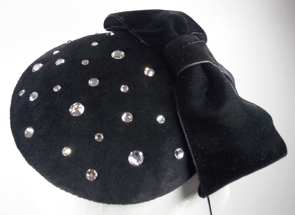 Black velvet mini bow hat with Swarovski crystals