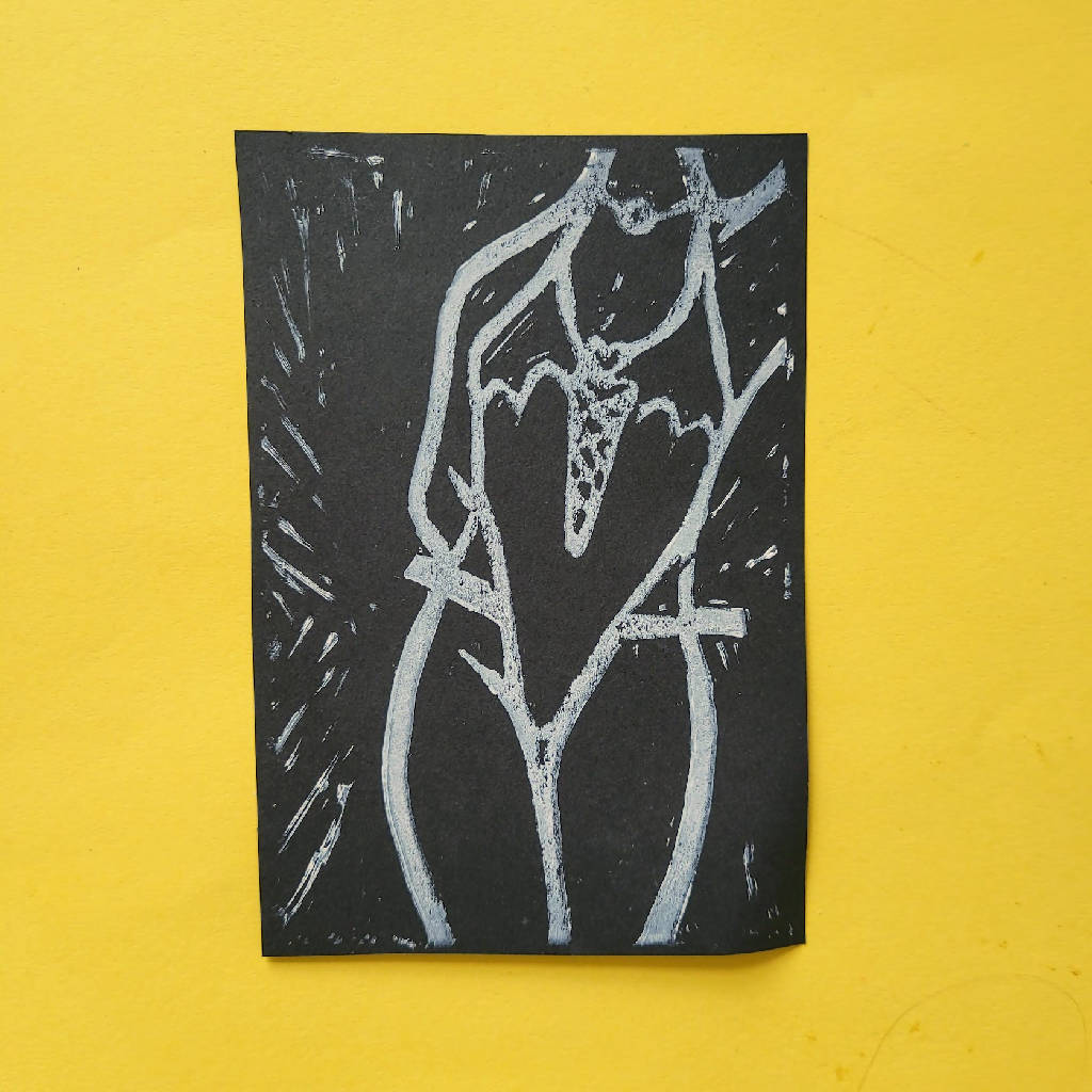 Standing female figure lino print