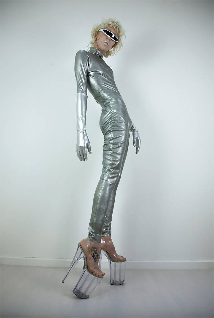 Silver latex catsuit