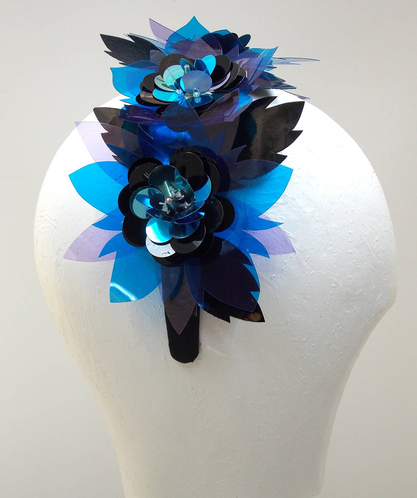Purple, blue and black vinyl flower hair band
