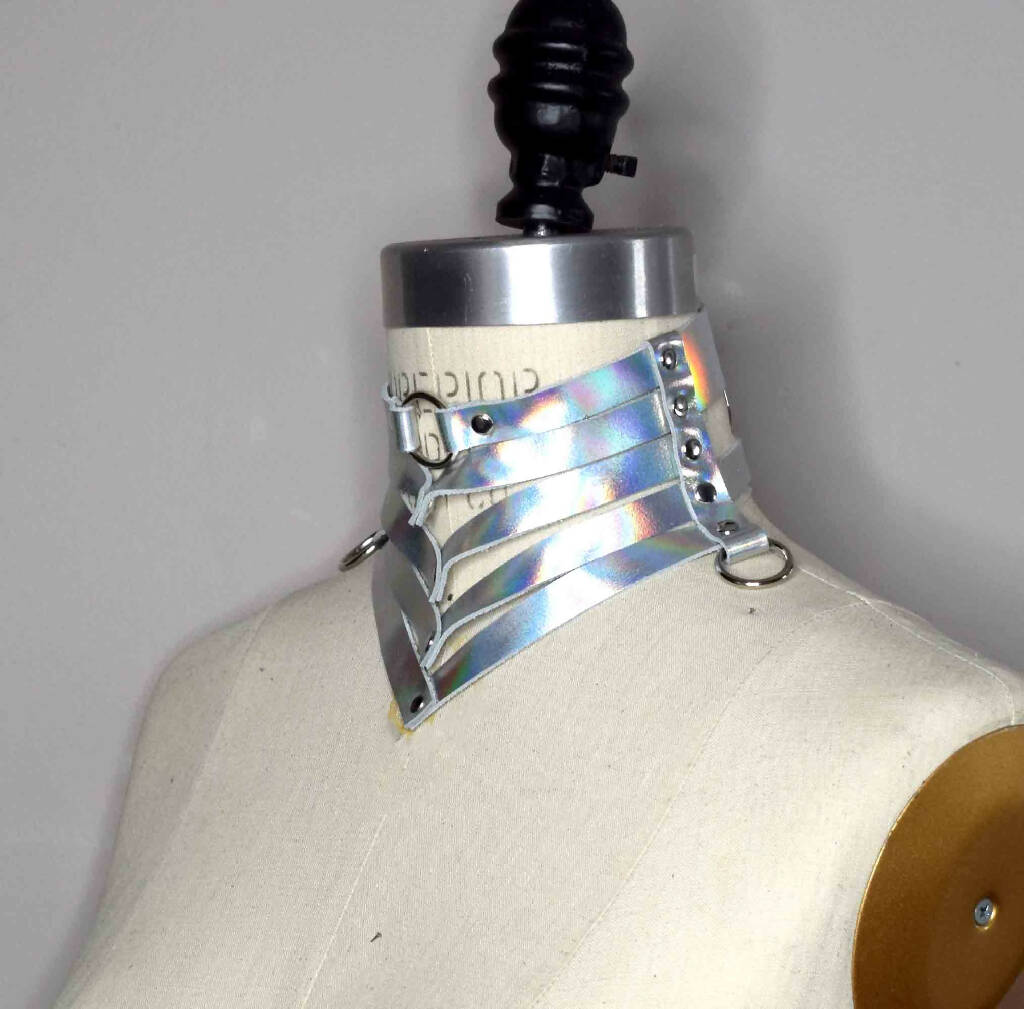 Victoria Holographic Silver Leather Gorget Style Collar