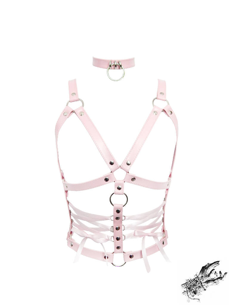 Pink Vegan Leather Corset Harness Bra