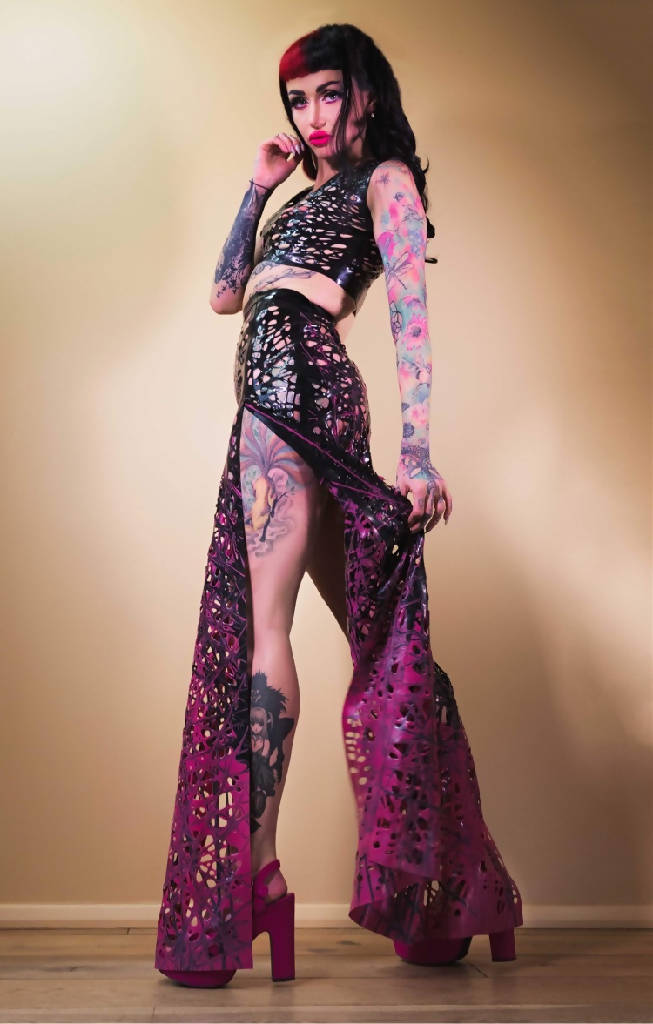 Mesh Latex Double Slit Maxi Skirt