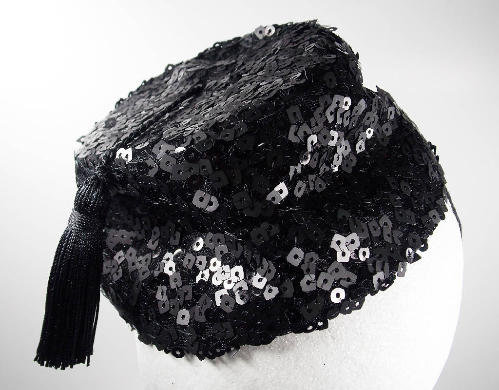 Mini black fez hat with tassel and sequins