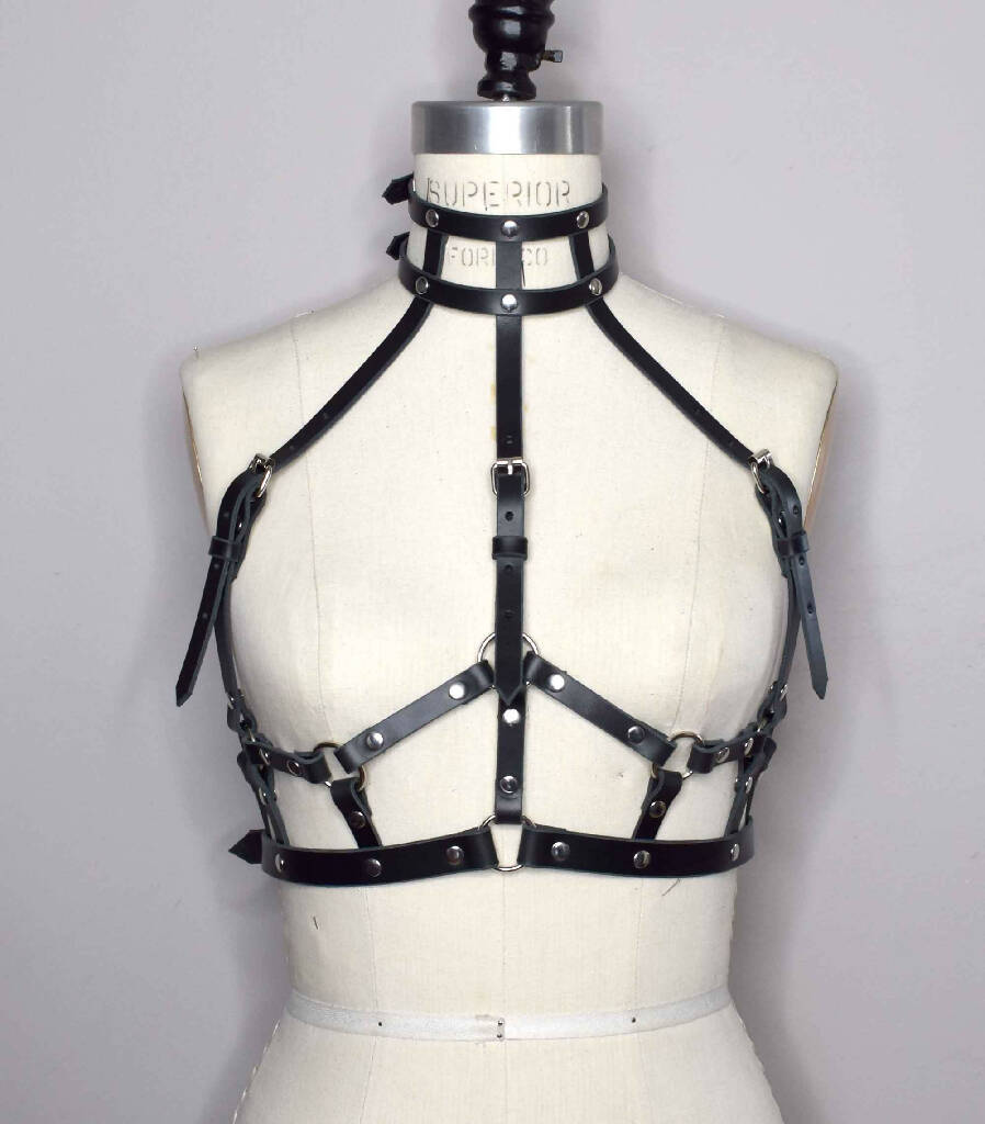 Suzy High Black Neck Leather Harness Bra with Attached Double Collar