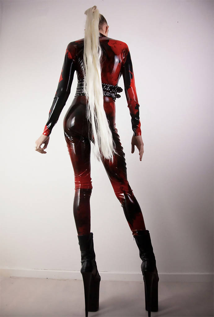 Marble red black latex catsuit
