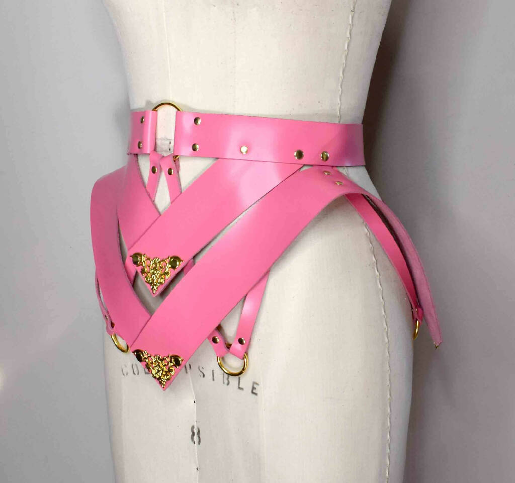 Song Pink Leather Peplum Belt with Wide Waistband