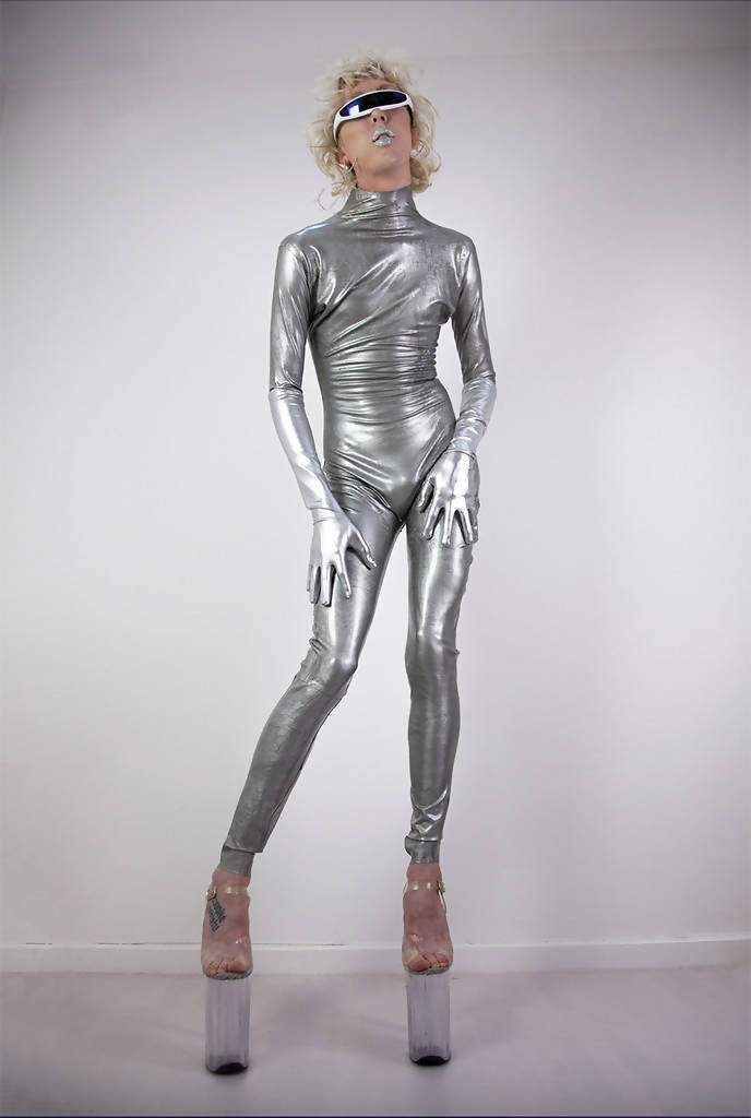 Silver latex catsuit