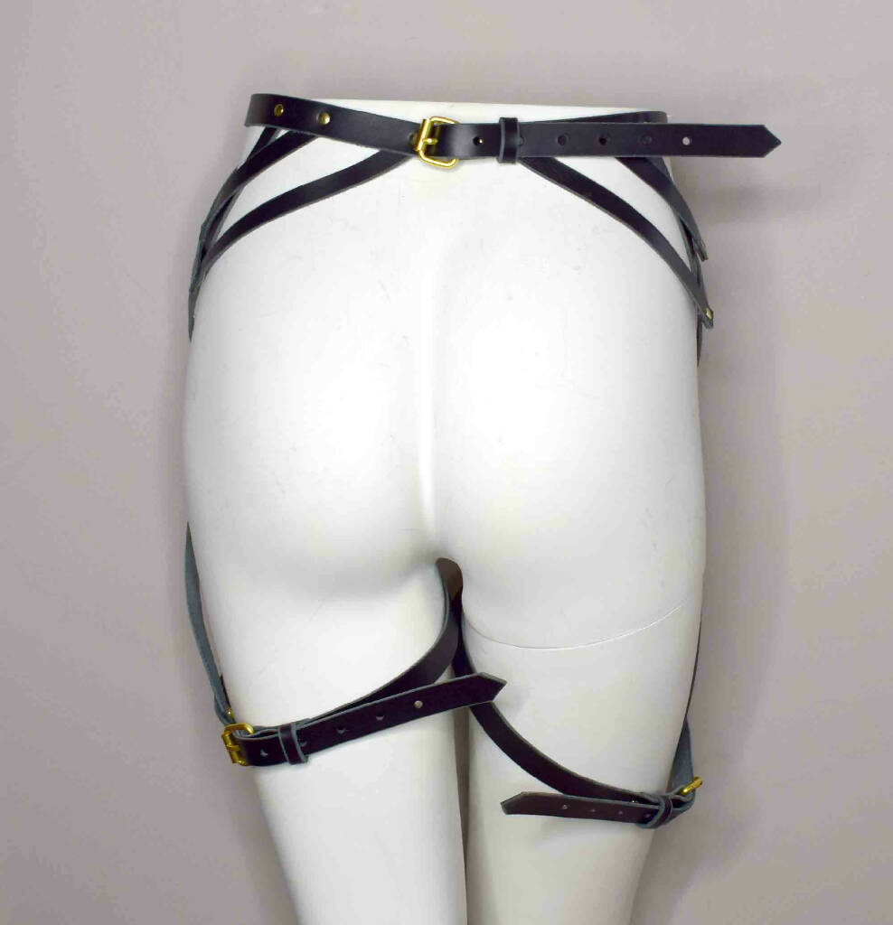Vesta Black Leather Leg Harness with Triangle Detailing and Attached Leg Garter Belts