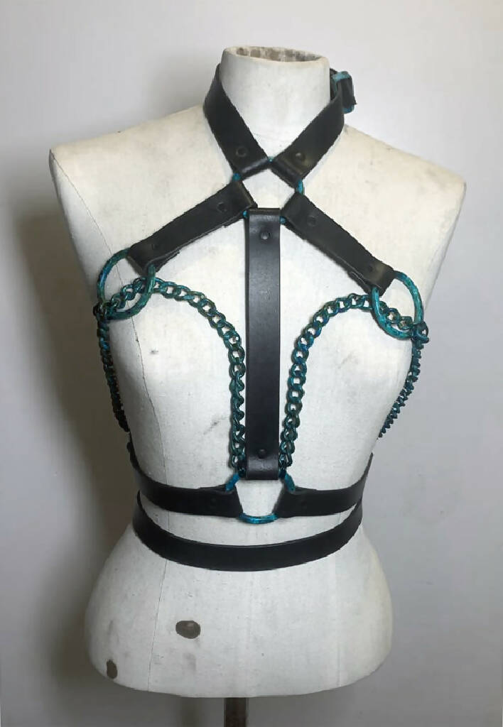 Morticia in Chains Black Leather Harness with oxidised brass
