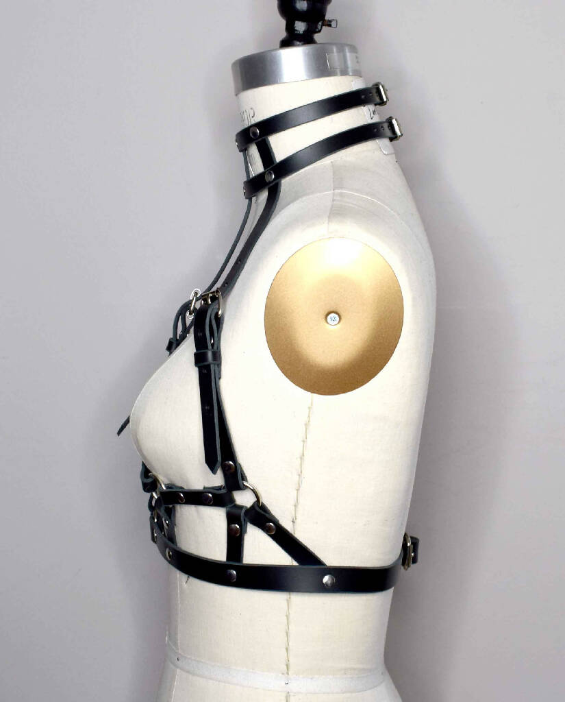 Suzy High Black Neck Leather Harness Bra with Attached Double Collar